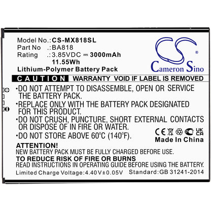 3.85V, 3000mAh, Li-Polymer Battery fits Meizu, C9, C9 Pro, 11.55Wh