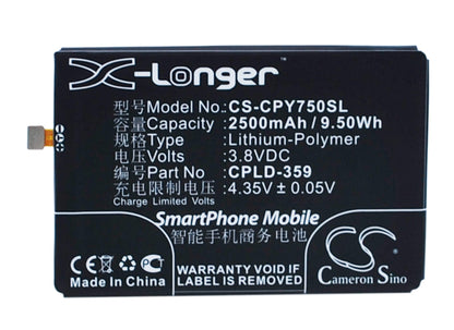3.8V, 2500mAh, Li-Polymer Battery fits Coolpad, T2-c01, Y75, 9.5Wh