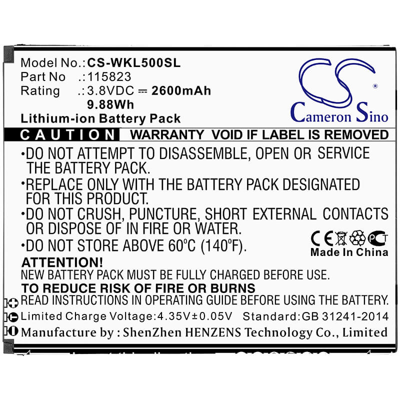 3.8V, 2600mAh, Li-ion Battery fits Wiko, Lenny 5, 9.88Wh