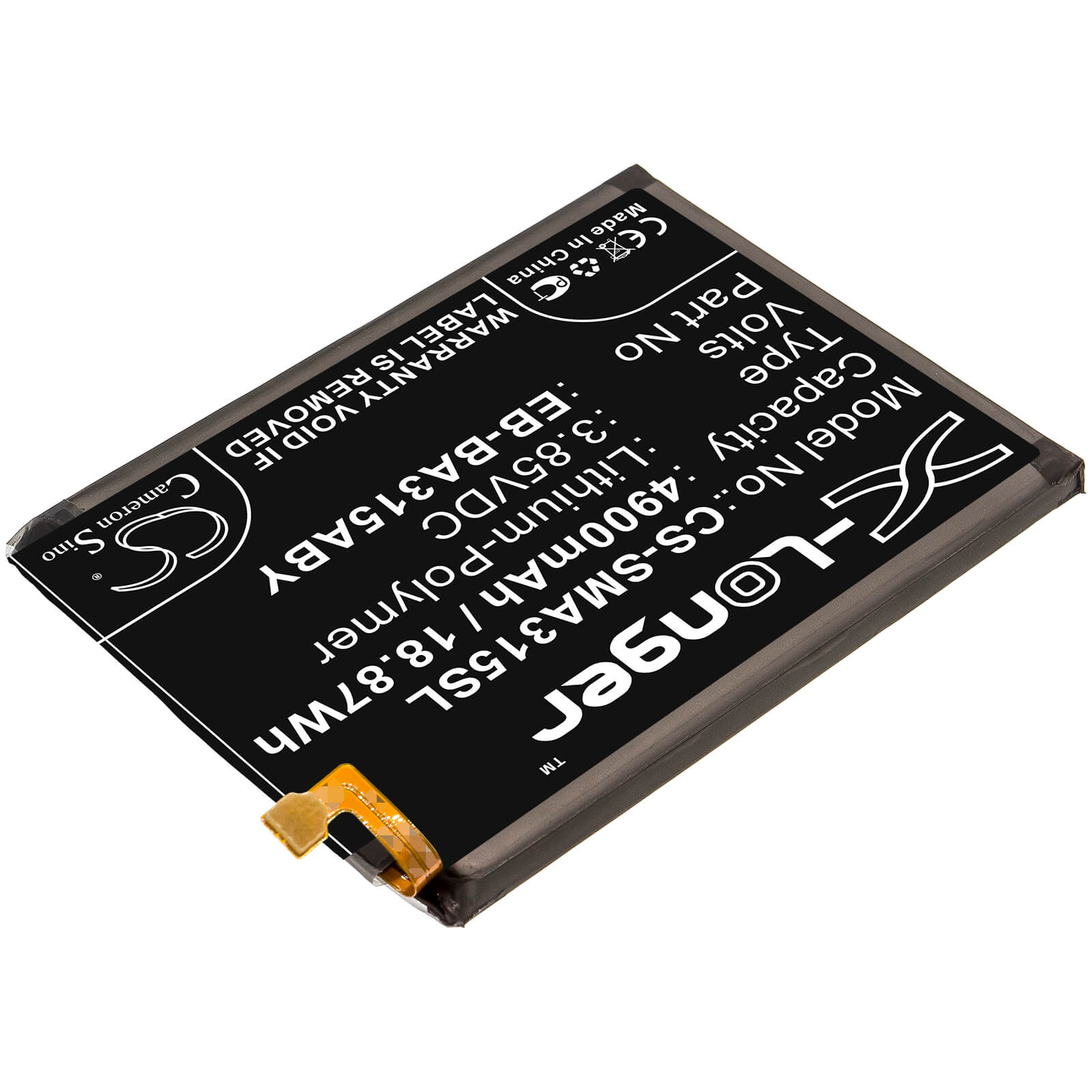 3.85V, 4900mAh, Li-Polymer Battery fits Samsung, Galaxy A31, Sm-a310f, 18.865Wh