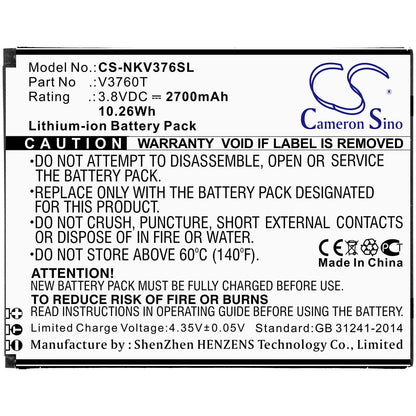 3.8V, 2700mAh, Li-ion Battery fits Nokia, C2, V3760t, 10.26Wh