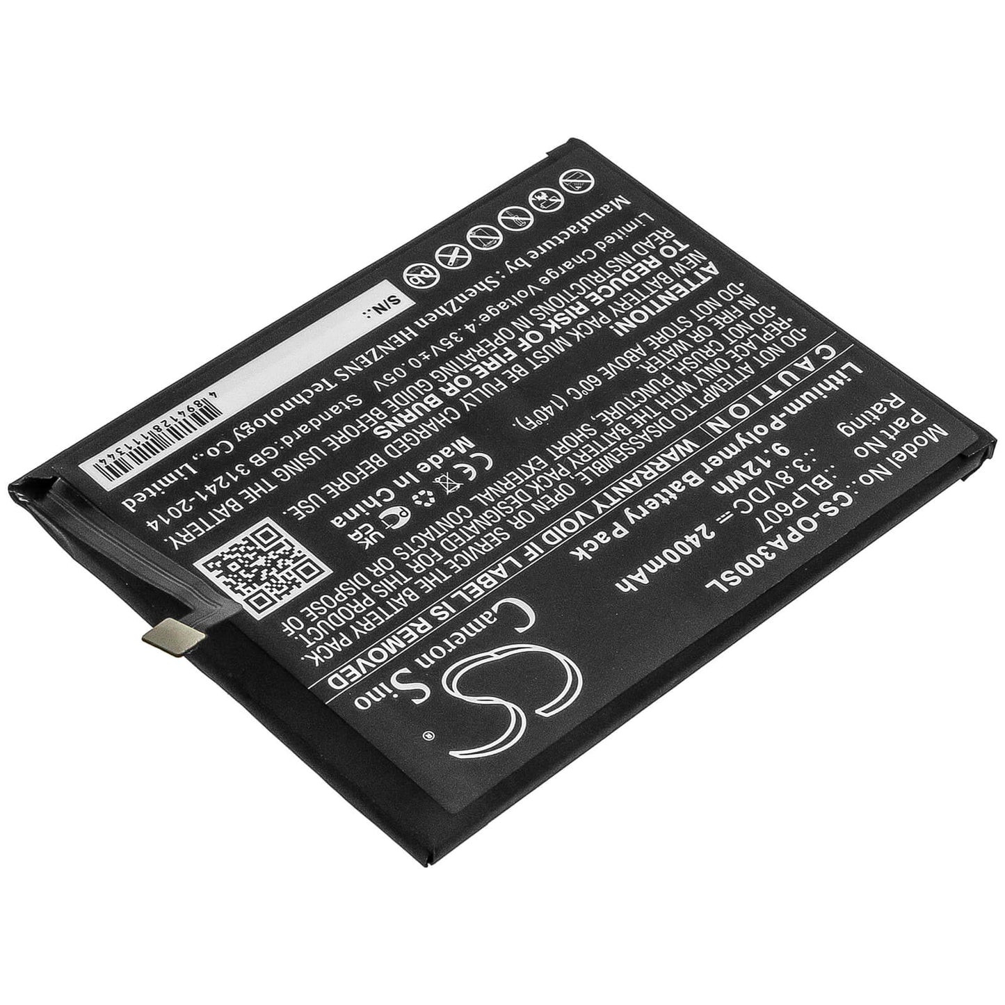 3.8V, 2400mAh, Li-Polymer Battery fits Oppo, A30, A30 Dual Sim Td-lte, 9.12Wh
