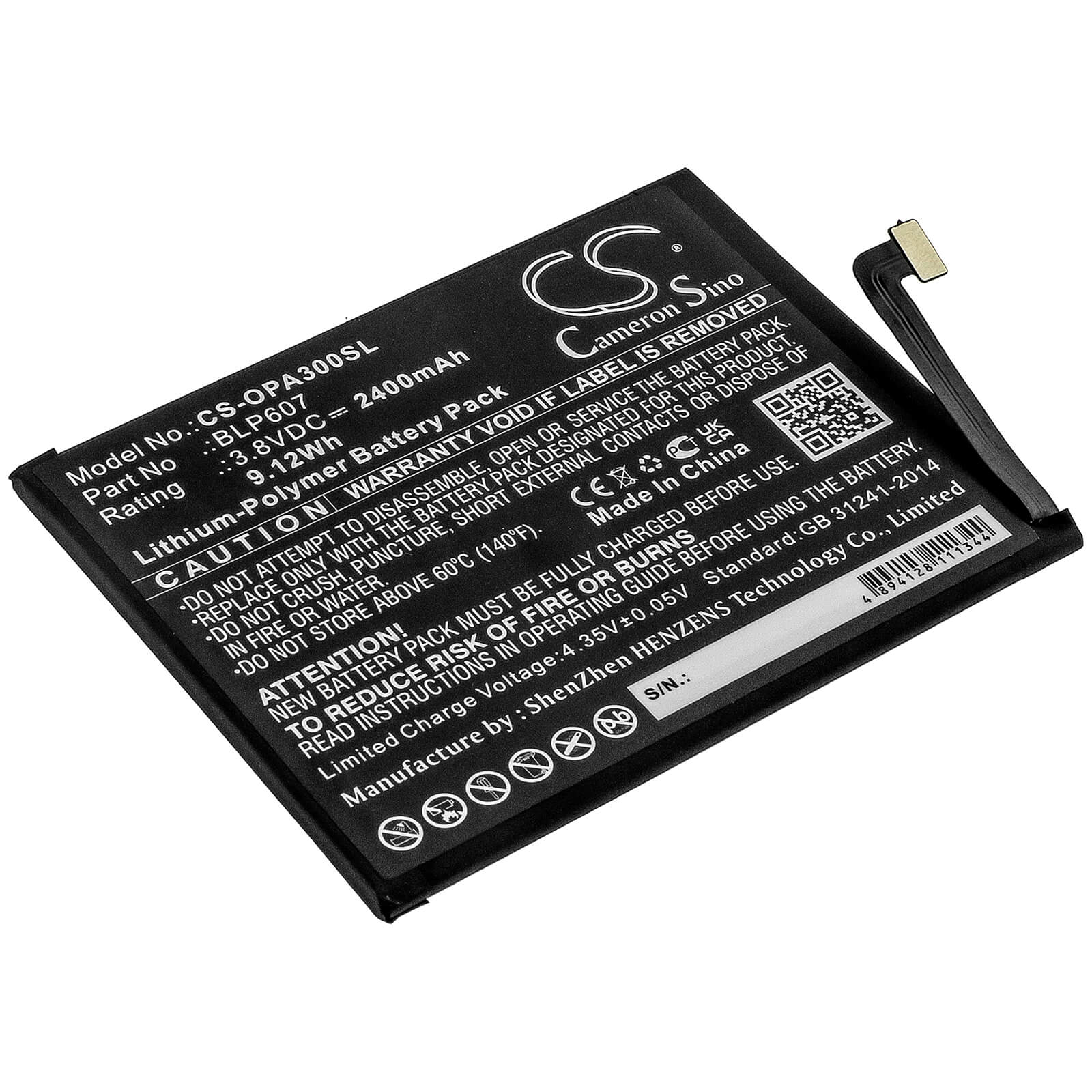 3.8V, 2400mAh, Li-Polymer Battery fits Oneplus, E1000, E1001, 9.12Wh