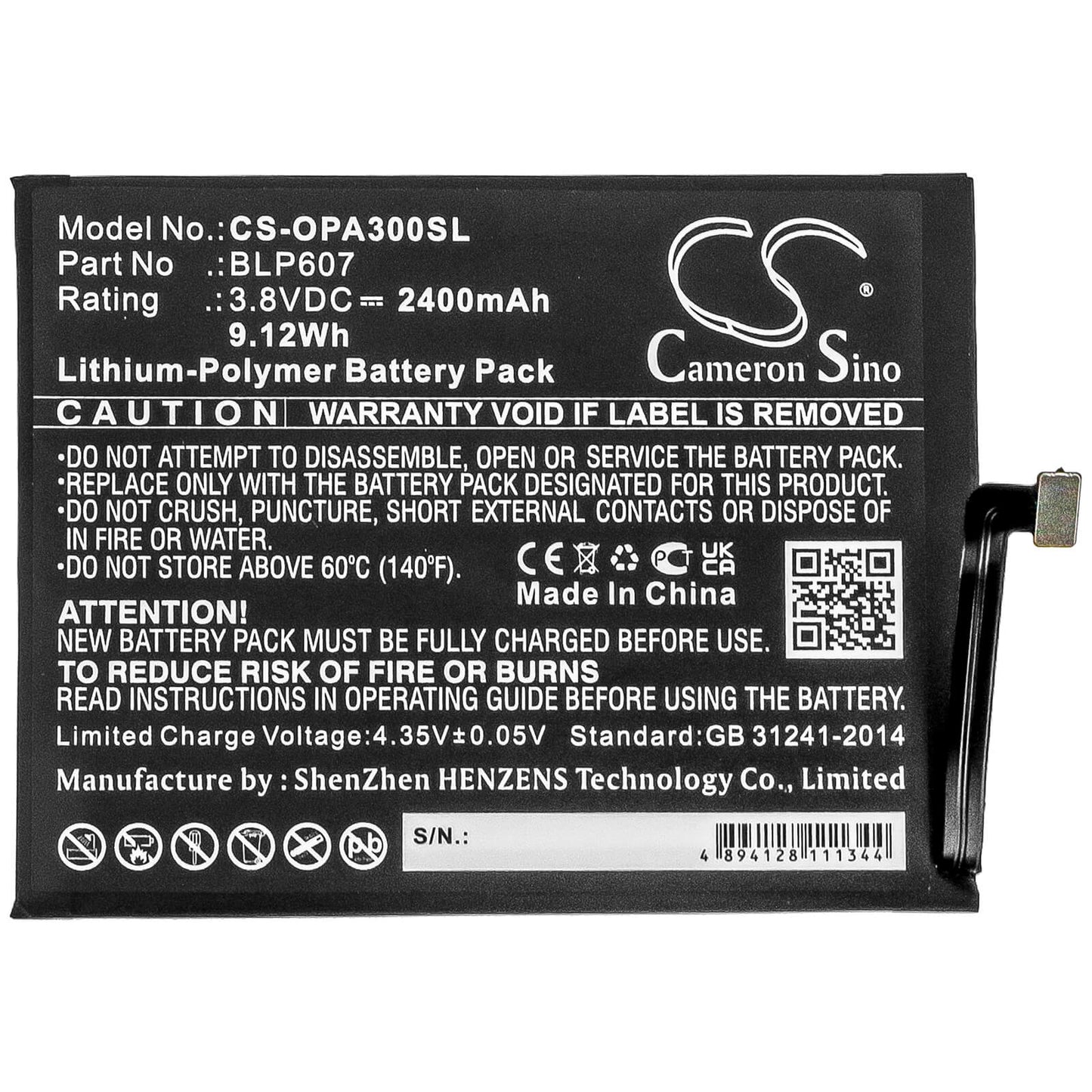 3.8V, 2400mAh, Li-Polymer Battery fits Oneplus, E1000, E1001, 9.12Wh