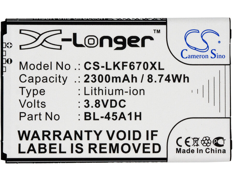 3.8V, 2300mAh, Li-ion Battery fits Lg, F670, F670k, 8.74Wh