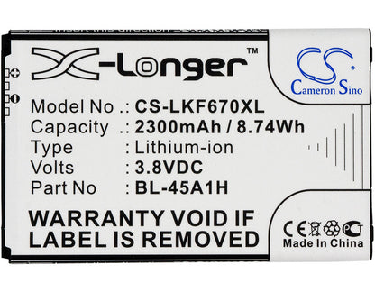 3.8V, 2300mAh, Li-ion Battery fits Lg, F670, F670k, 8.74Wh