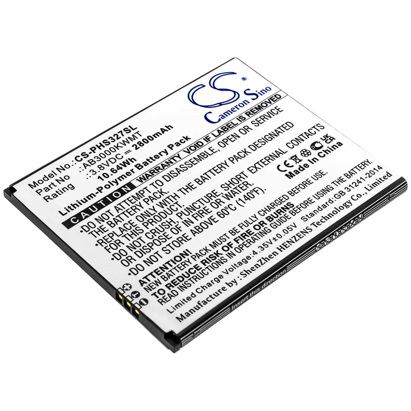 3.8V, 2800mAh, Li-Polymer Battery fits Philips, Cts327, Xenium S327, 10.64Wh