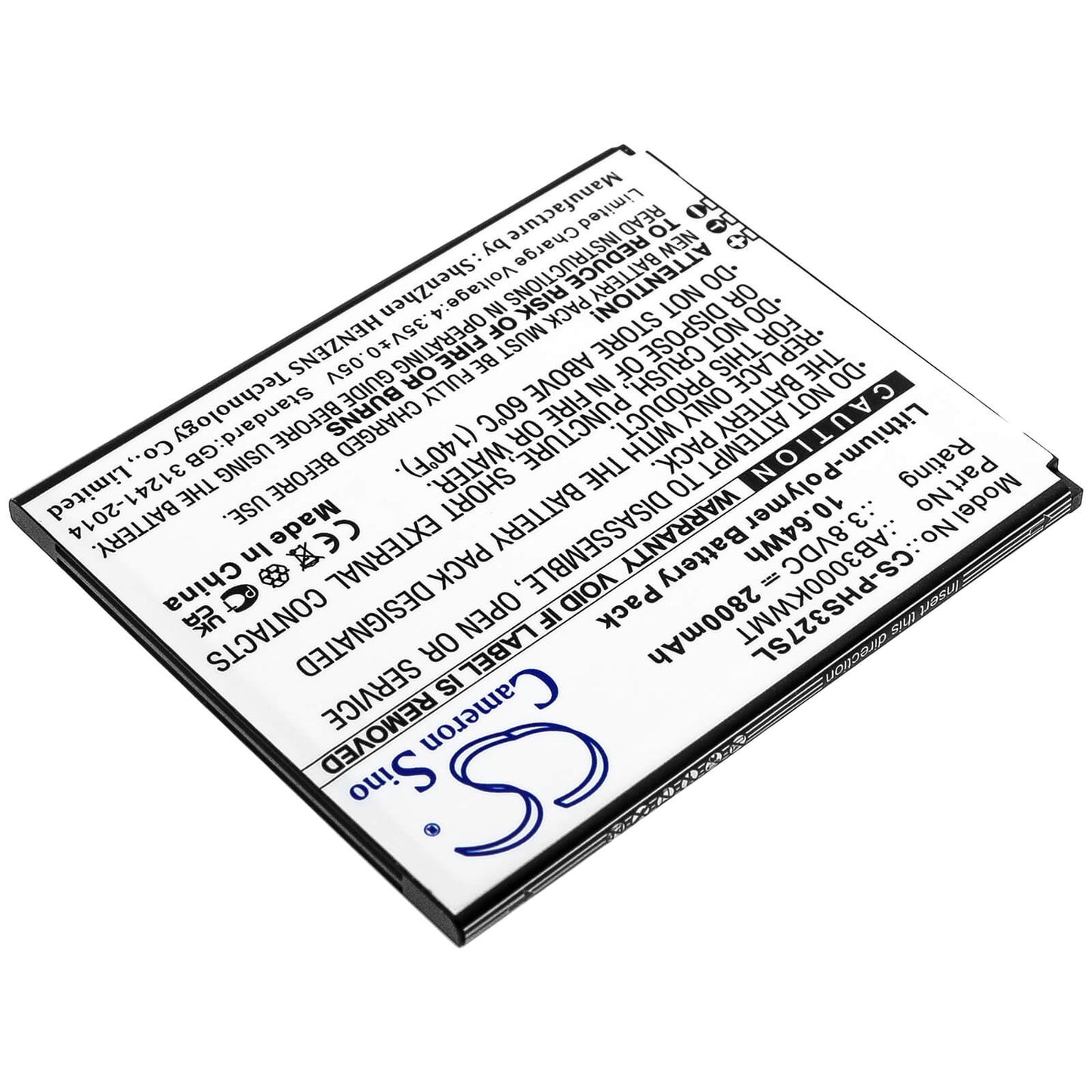 3.8V, 2800mAh, Li-Polymer Battery fits Philips, Cts327, Xenium S327, 10.64Wh