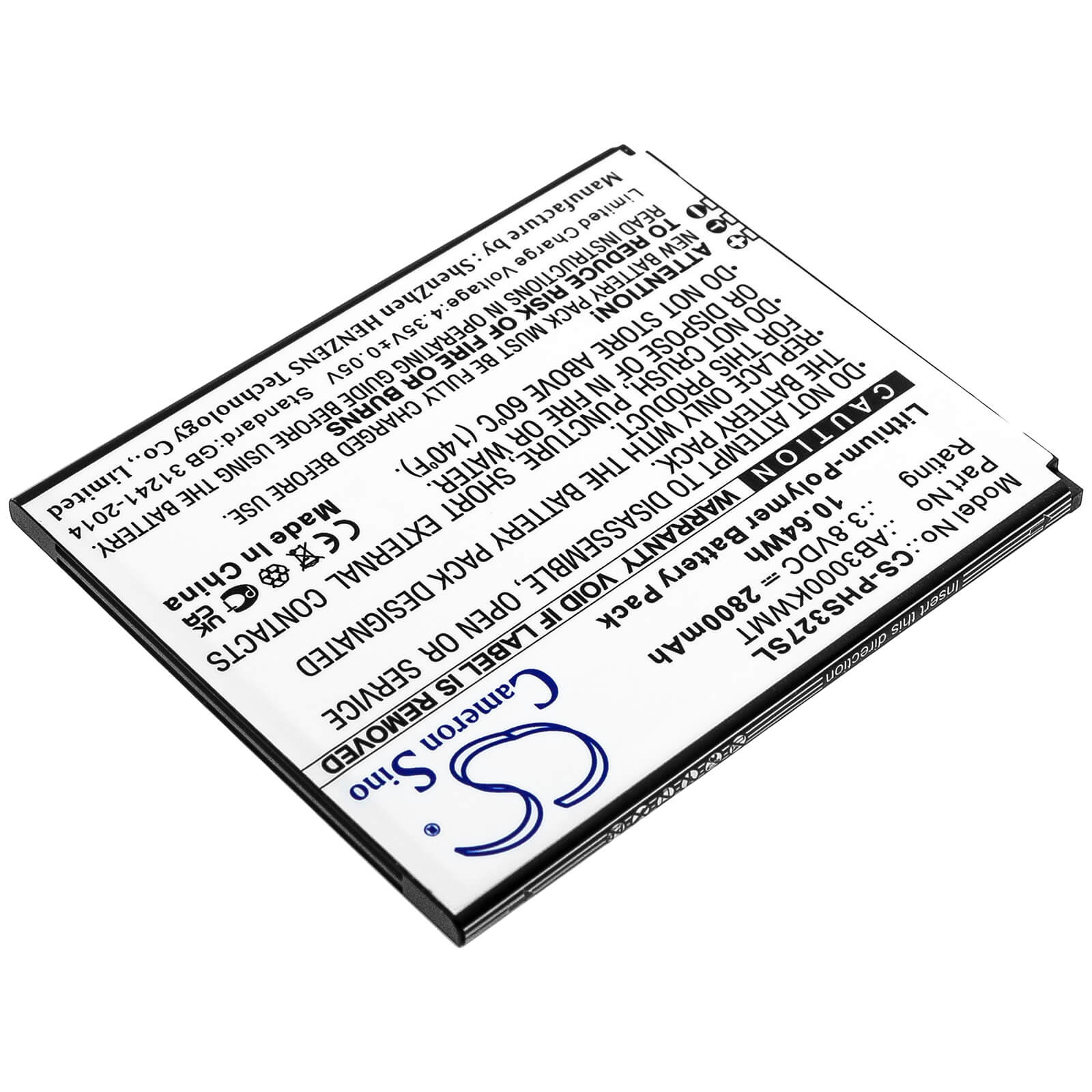 3.8V, 2800mAh, Li-Polymer Battery fits Philips, Cts327, Xenium S327, 10.64Wh