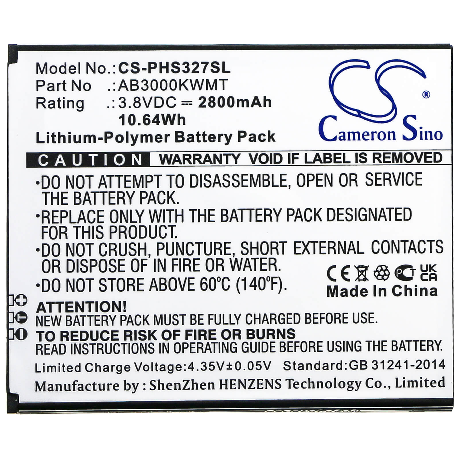 3.8V, 2800mAh, Li-Polymer Battery fits Philips, Cts327, Xenium S327, 10.64Wh