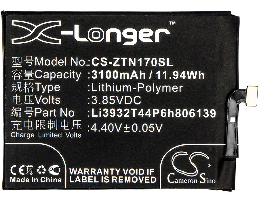 3.85V, 3100mAh, Li-Polymer Battery fits Zte, Nubia Z17, Nubia Z17 Dual Sim, 11.935Wh