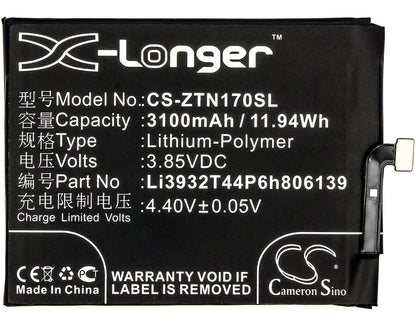3.85V, 3100mAh, Li-Polymer Battery fits Zte, Nubia Z17, Nubia Z17 Dual Sim, 11.935Wh