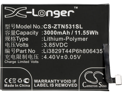 3.85V, 3000mAh, Li-Polymer Battery fits Nubia, Nx531, Nx531j, 11.55Wh