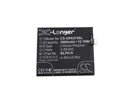 3.85V, 2800mAh, Li-Polymer Battery fits Oppo, A39, A39 Dual Sim, 10.78Wh