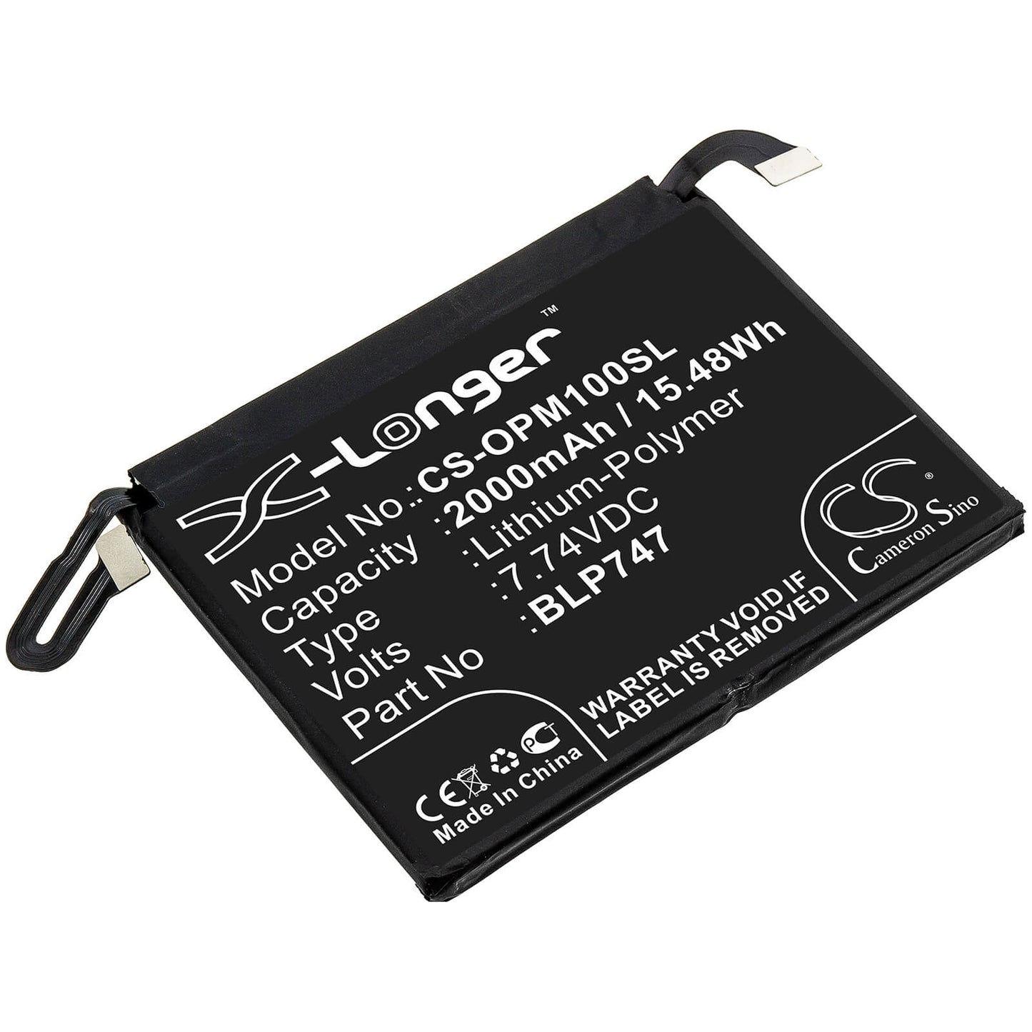 7.74V, 2000mAh, Li-Polymer Battery fits Oppo, Pclm10, Reno Ace, 15.48Wh