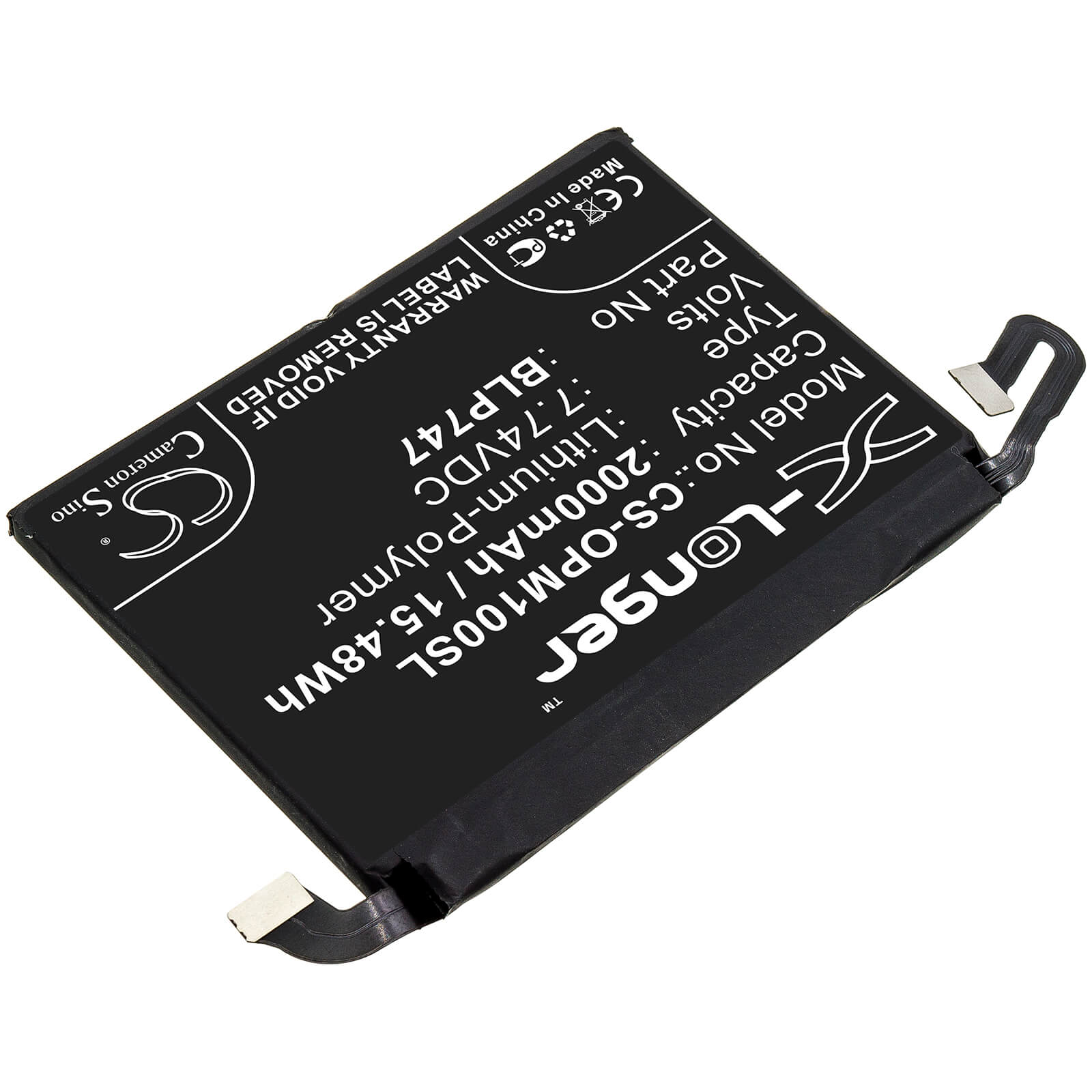 7.74V, 2000mAh, Li-Polymer Battery fits Oppo, Pclm10, Reno Ace, 15.48Wh