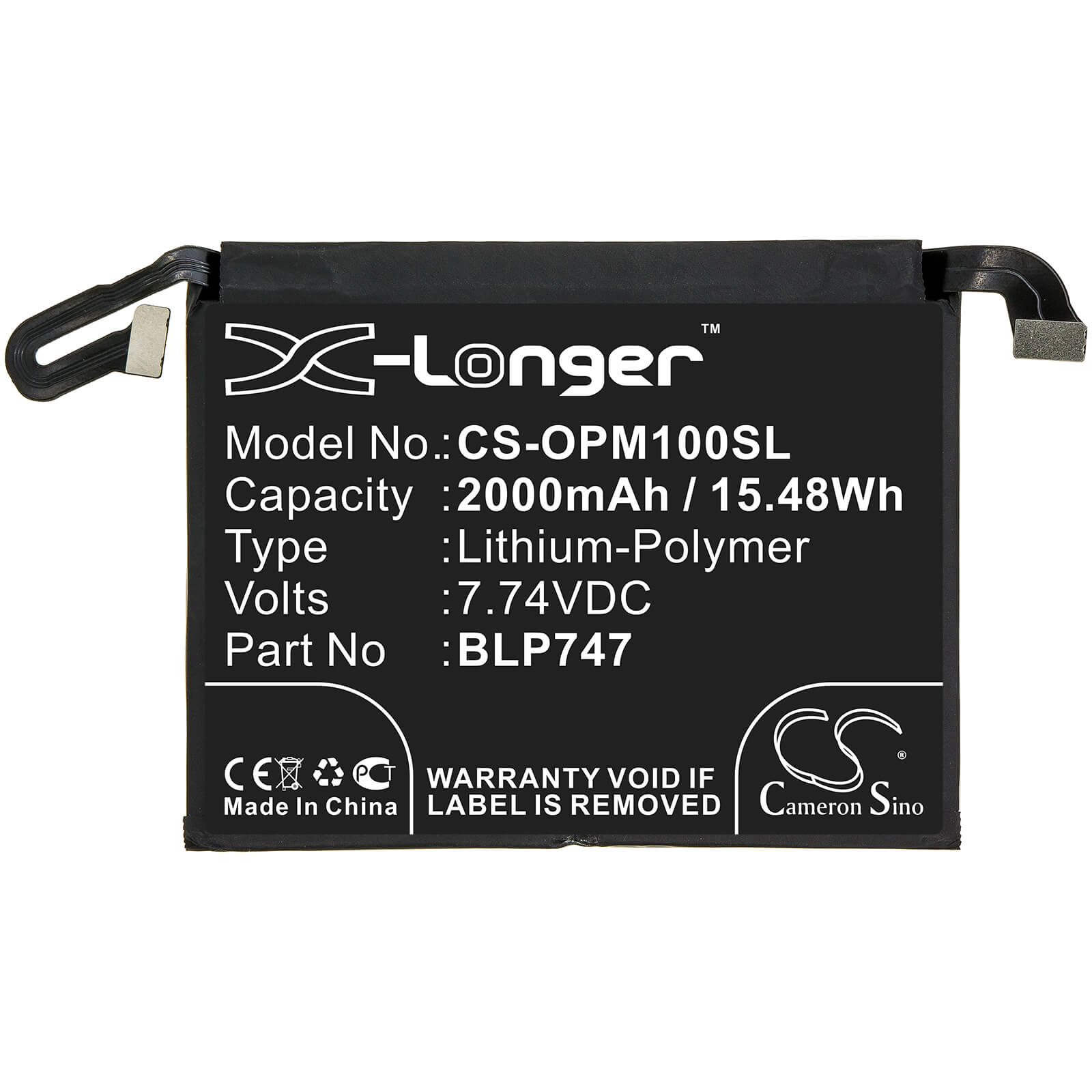 7.74V, 2000mAh, Li-Polymer Battery fits Oppo, Pclm10, Reno Ace, 15.48Wh