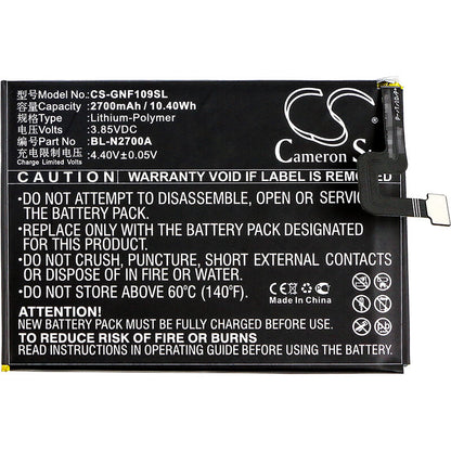 3.85V, 2700mAh, Li-Polymer Battery fits Gionee, F109, F109l, 10.395Wh