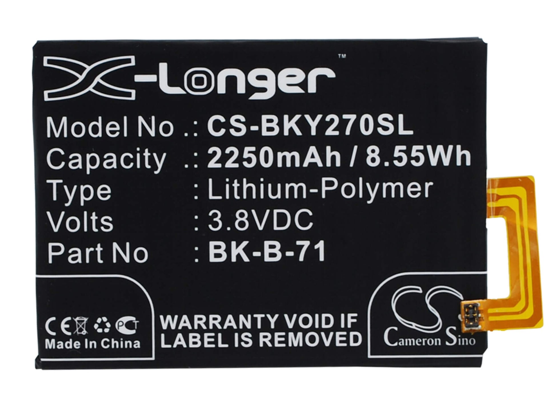 3.8V, 2250mAh, Li-Polymer Battery fits Bbk, Vivo Y18, Vivo Y18l, 8.55Wh