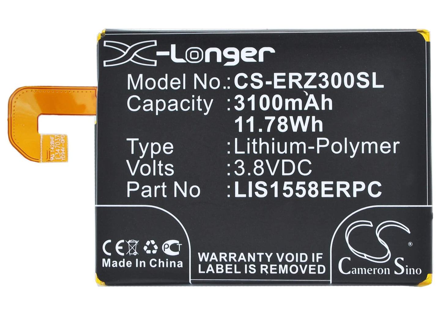 3.8V, 3100mAh, Li-Polymer Battery fits Sony Ericsson, D6616, D6633, 11.78Wh