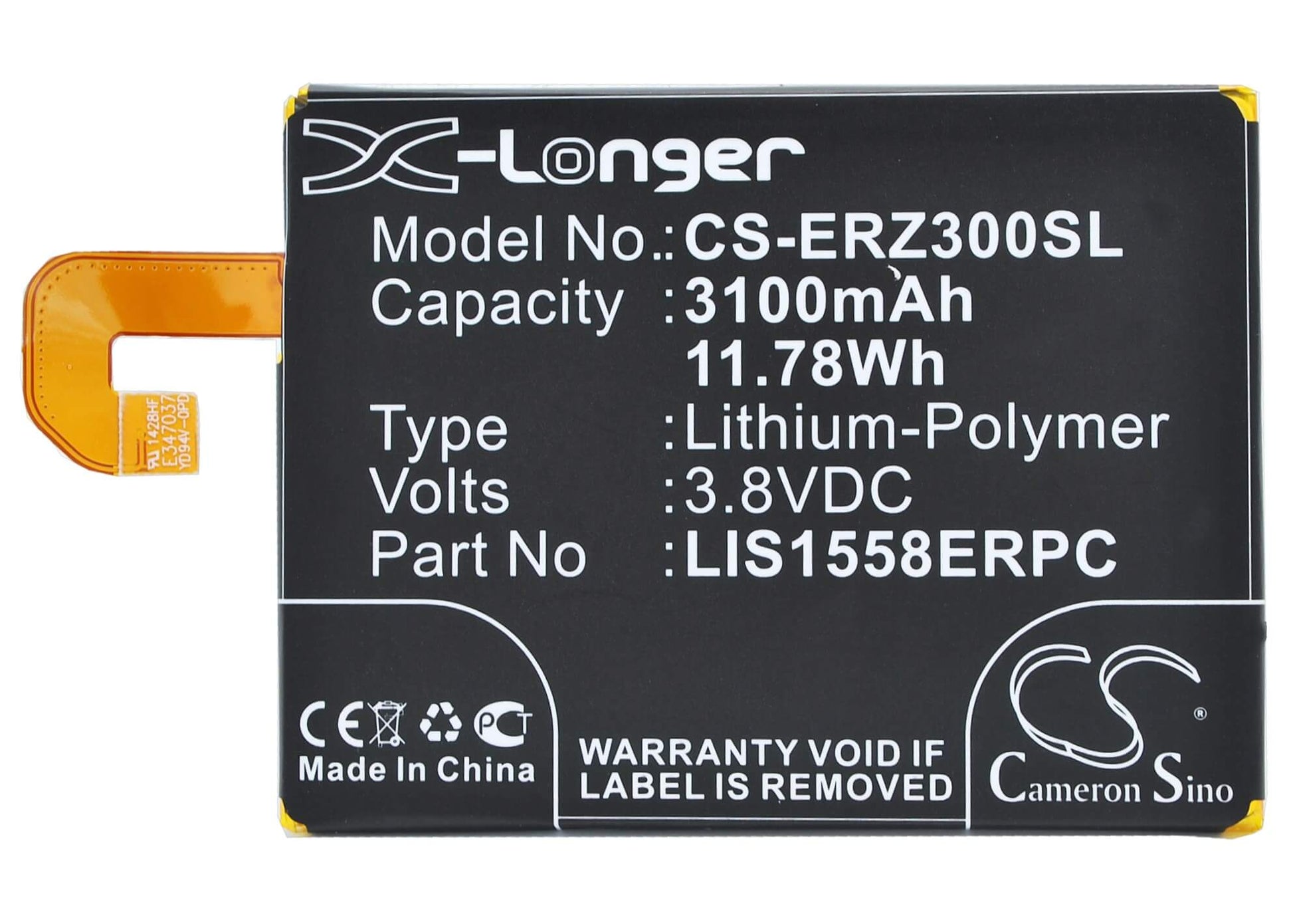3.8V, 3100mAh, Li-Polymer Battery fits Sony Ericsson, D6616, D6633, 11.78Wh