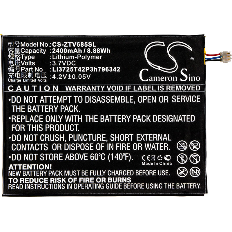 3.7V, 2400mAh, Li-Polymer Battery fits Zte, C865, C865m, 8.88Wh