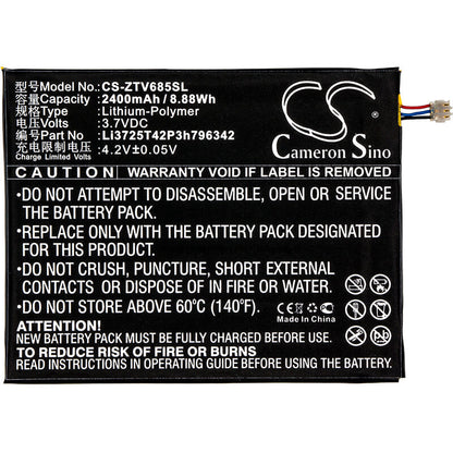 3.7V, 2400mAh, Li-Polymer Battery fits Zte, C865, C865m, 8.88Wh