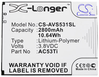 3.8V, 2800mAh, Li-Polymer Battery fits Archos, 53 Titanium, 10.64Wh