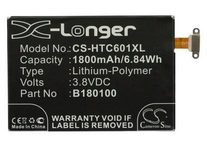 3.8V, 1800mAh, Li-Polymer Battery fits Htc, 601e, 601n, 6.84Wh
