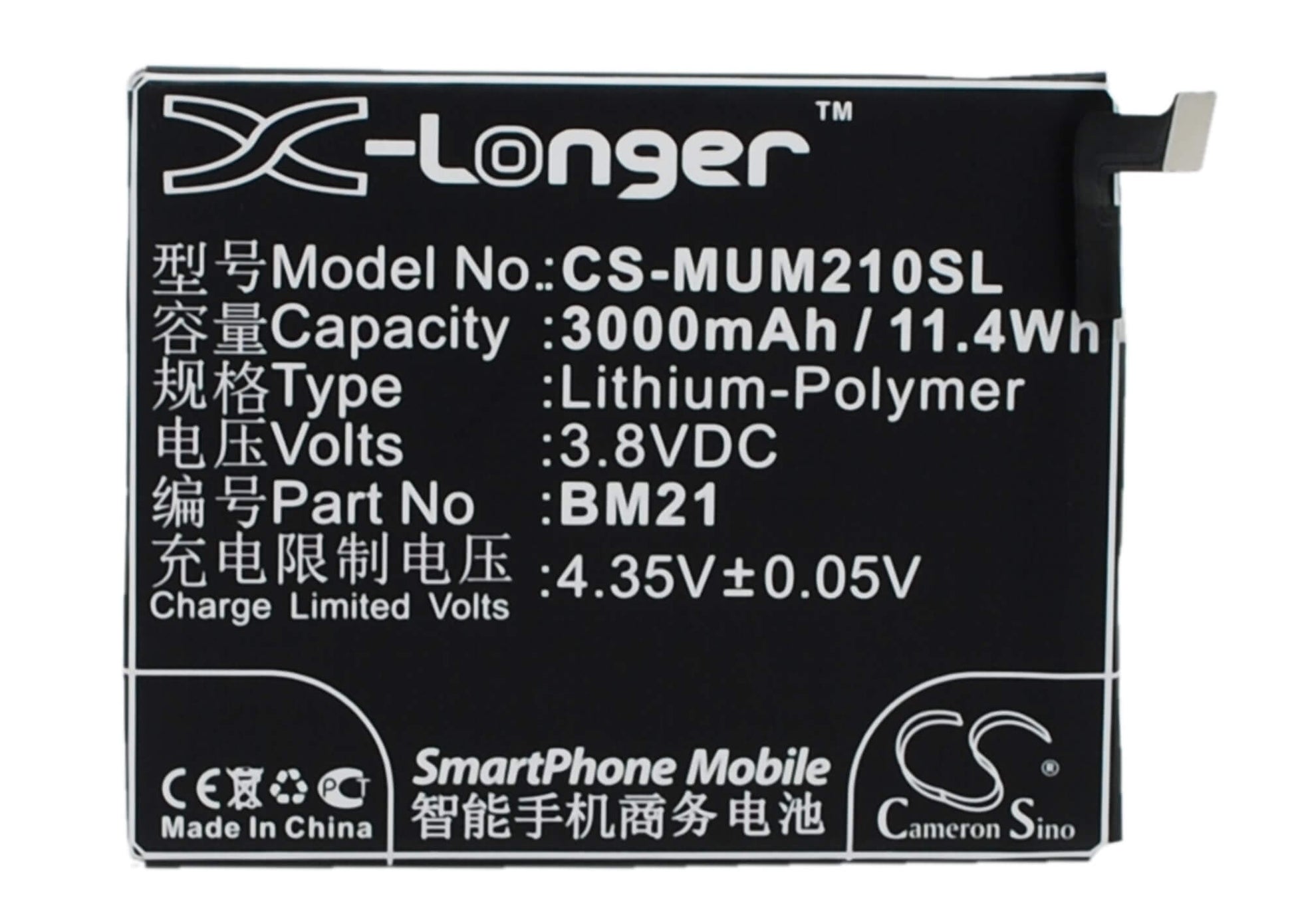 3.8V, 3000mAh, Li-Polymer Battery fits Xiaomi, Libra, Mi Note, 11.4Wh
