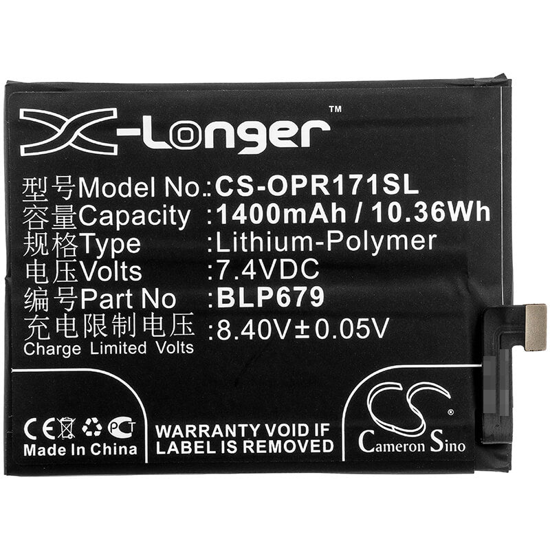 7.4V, 1400mAh, Li-Polymer Battery fits Oppo, 1877, Cph1877, 10.36Wh