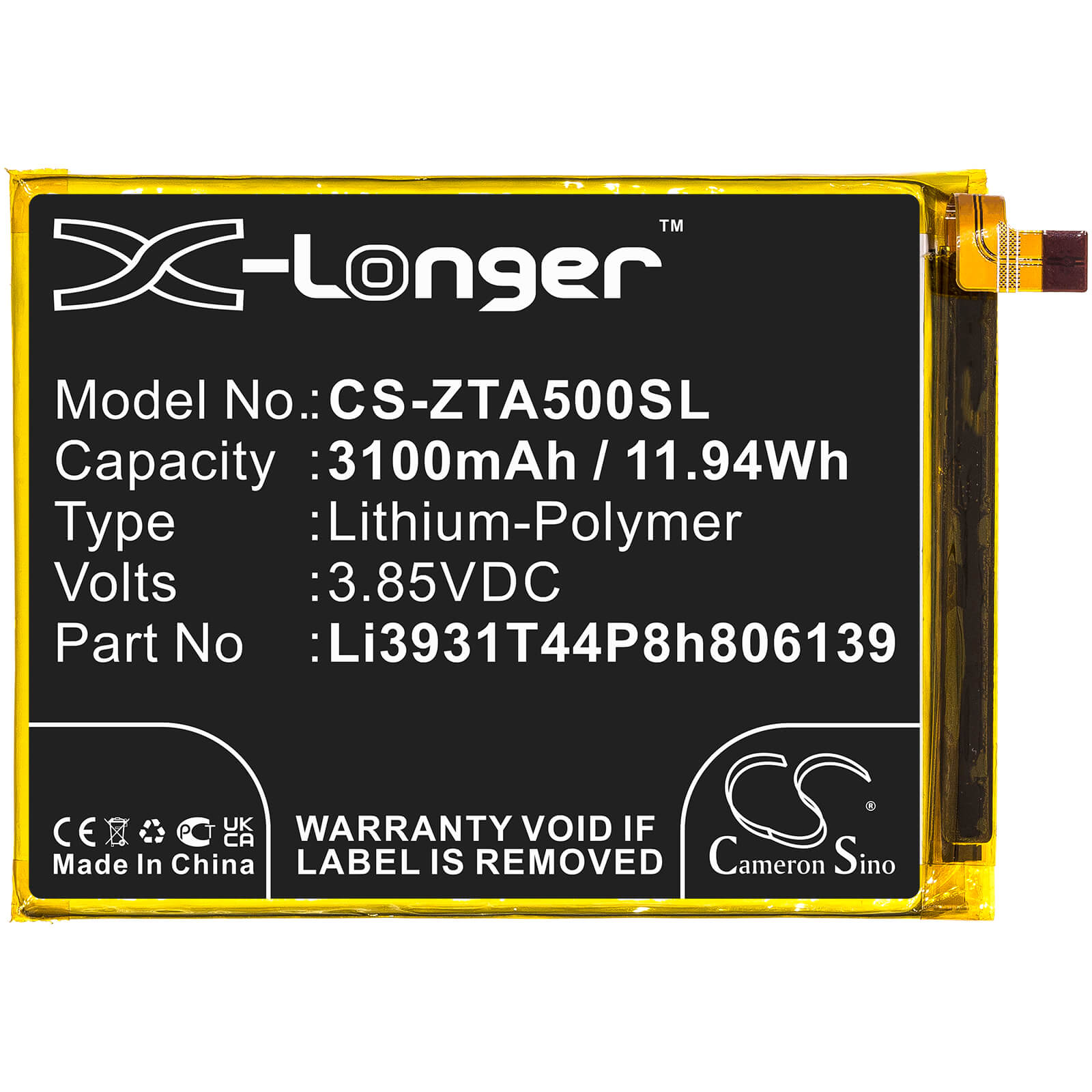 3.85V, 3100mAh, Li-Polymer Battery fits Zte, Blade A5 2020, Blade A7 Prime, 11.935Wh