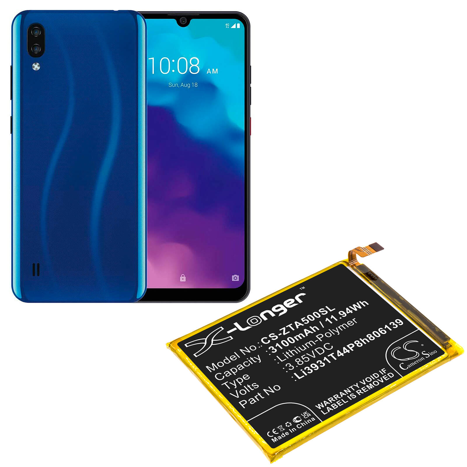 3.85V, 3100mAh, Li-Polymer Battery fits Zte, Blade A5 2020, Blade A7 Prime, 11.935Wh