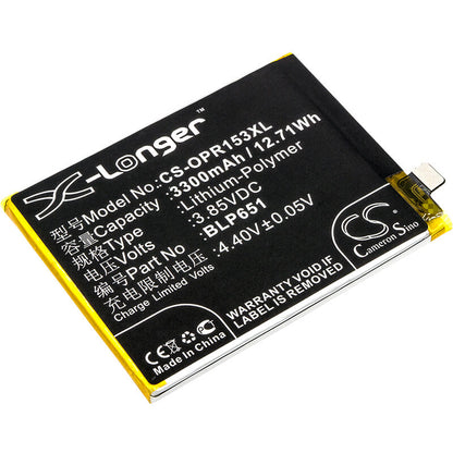 3.85V, 3300mAh, Li-Polymer Battery fits Oppo, Paam00, Paat00, 12.705Wh