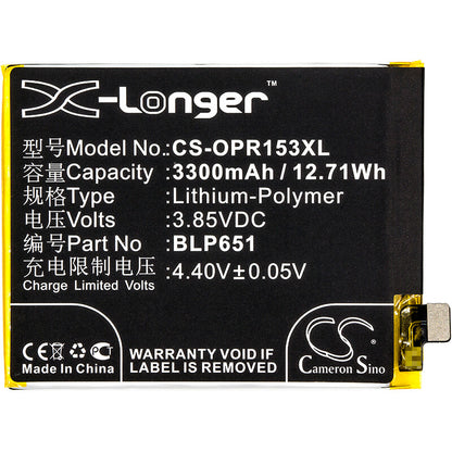 3.85V, 3300mAh, Li-Polymer Battery fits Oppo, Paam00, Paat00, 12.705Wh