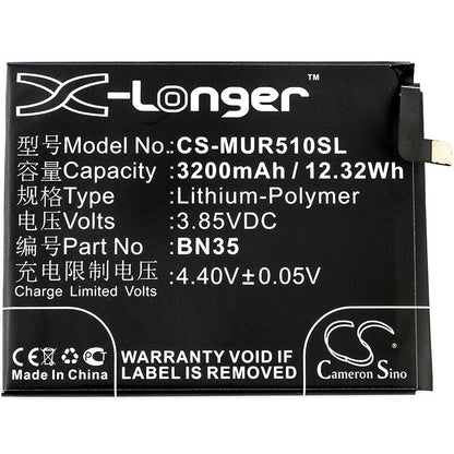 3.85V, 3200mAh, Li-Polymer Battery fits Xiaomi, Redmi 5, 12.32Wh
