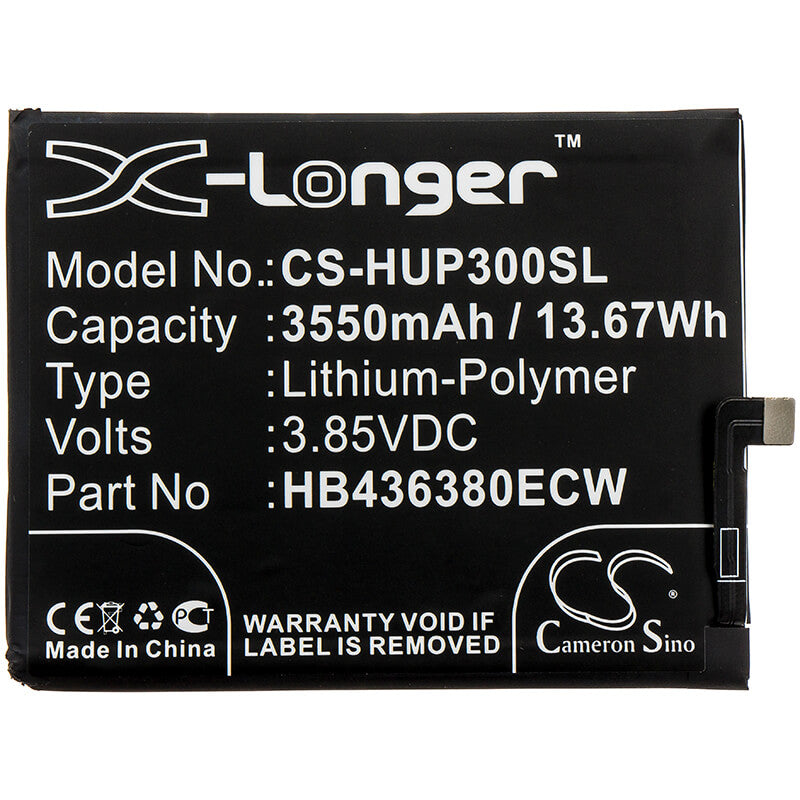 3.85V, 3550mAh, Li-Polymer Battery fits Huawei, Ele-al00, Ele-al10, 13.6675Wh