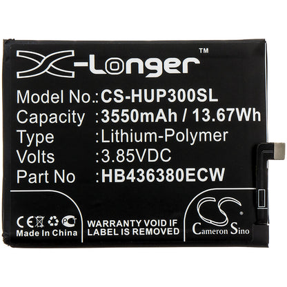 3.85V, 3550mAh, Li-Polymer Battery fits Huawei, Ele-al00, Ele-al10, 13.6675Wh