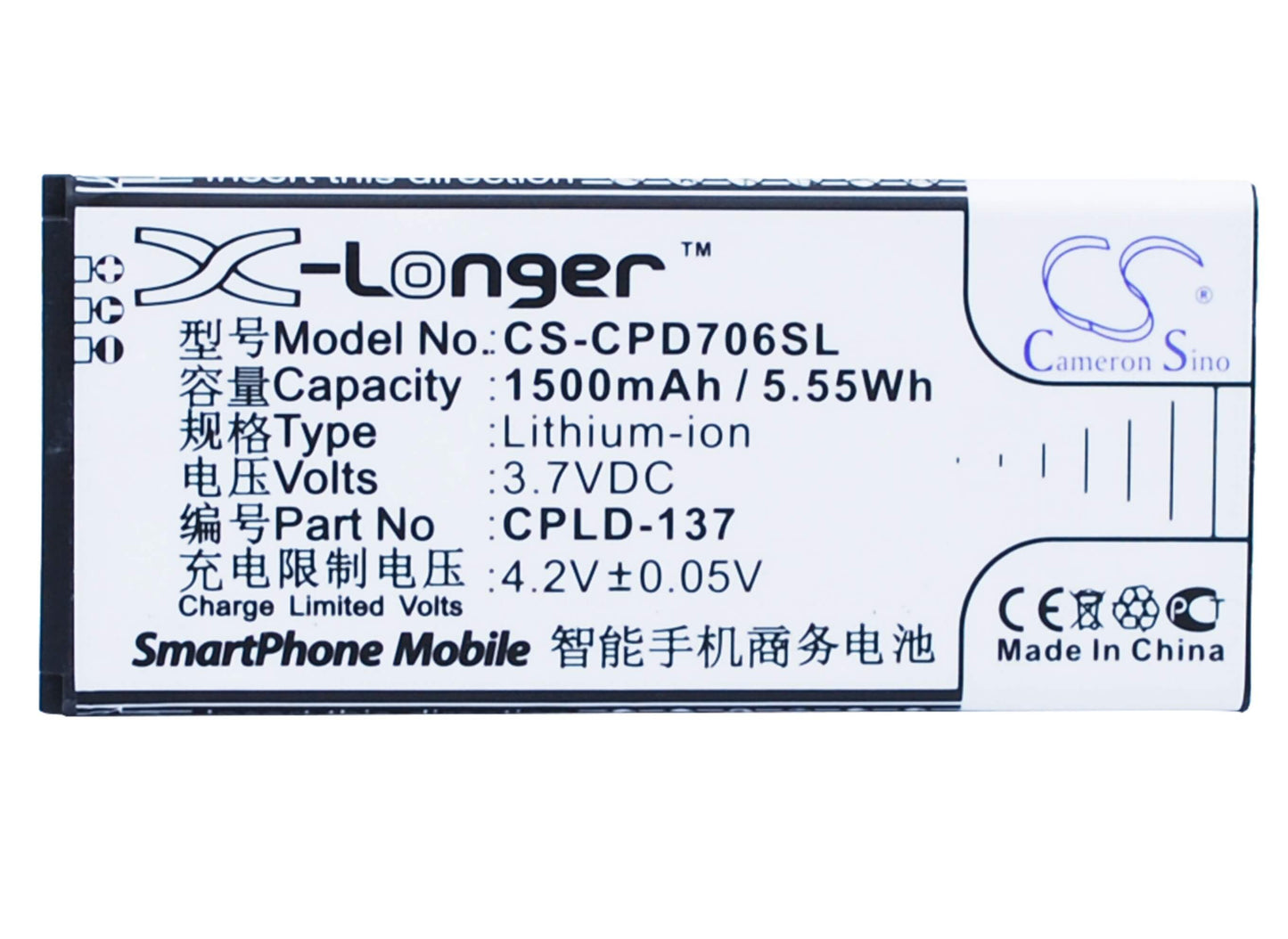 3.7V, 1500mAh, Li-ion Battery fits Coolpad, 7060s, 5.55Wh