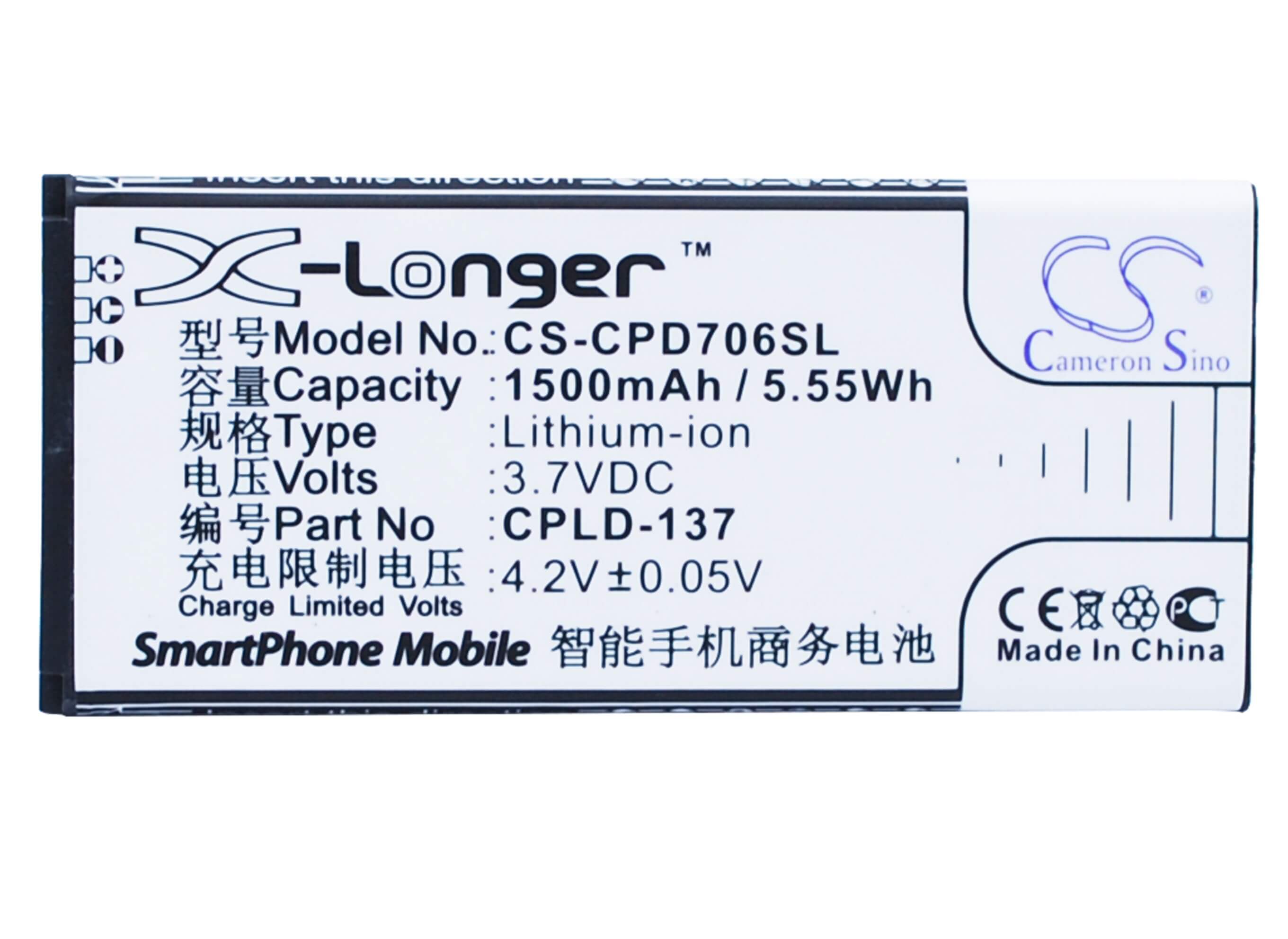 3.7V, 1500mAh, Li-ion Battery fits Coolpad, 7060s, 5.55Wh