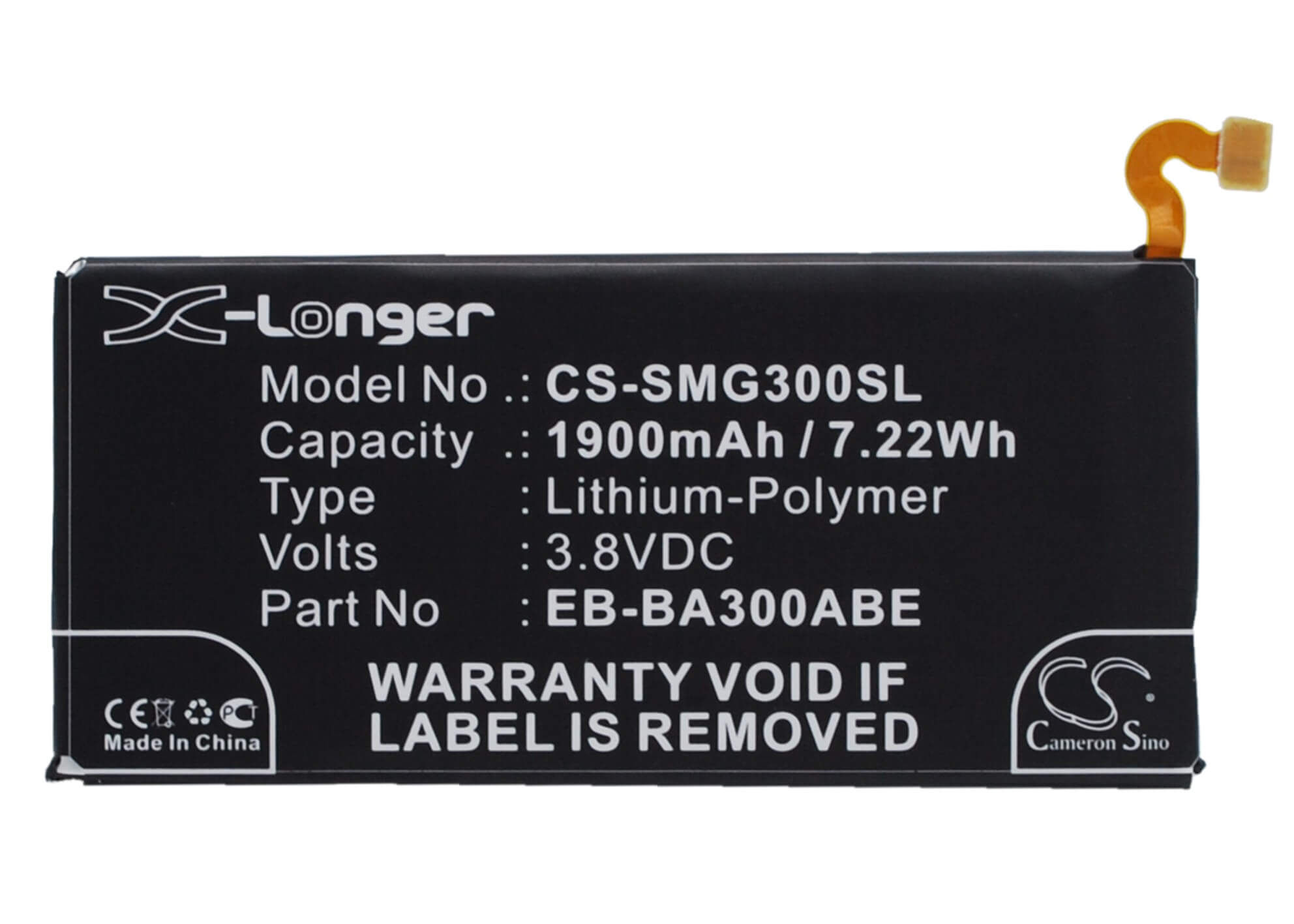 3.8V, 1900mAh, Li-Polymer Battery fits Samsung, Galaxy A3, Galaxy A3 Duos, 7.22Wh