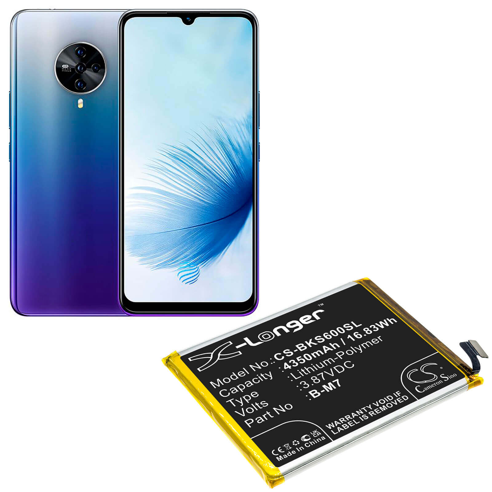 3.87V, 4350mAh, Li-Polymer Battery fits Vivo, G1 5g, S6 5g, 16.8345Wh