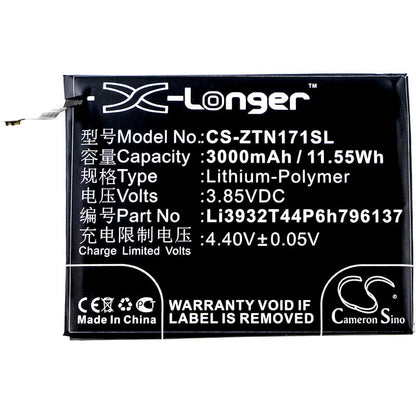 3.85V, 3000mAh, Li-Polymer Battery fits Nubia, Nx569h, Nx569j, 11.55Wh