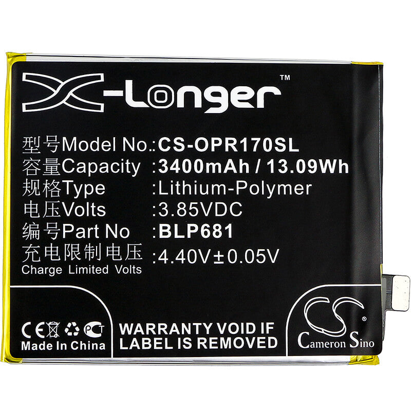 3.85V, 3400mAh, Li-Polymer Battery fits Oppo, Pagt00, R17, 13.09Wh