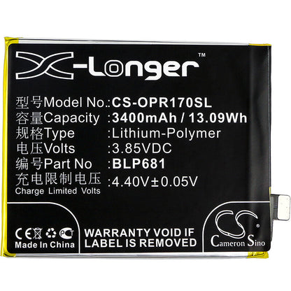 3.85V, 3400mAh, Li-Polymer Battery fits Oppo, Pagt00, R17, 13.09Wh