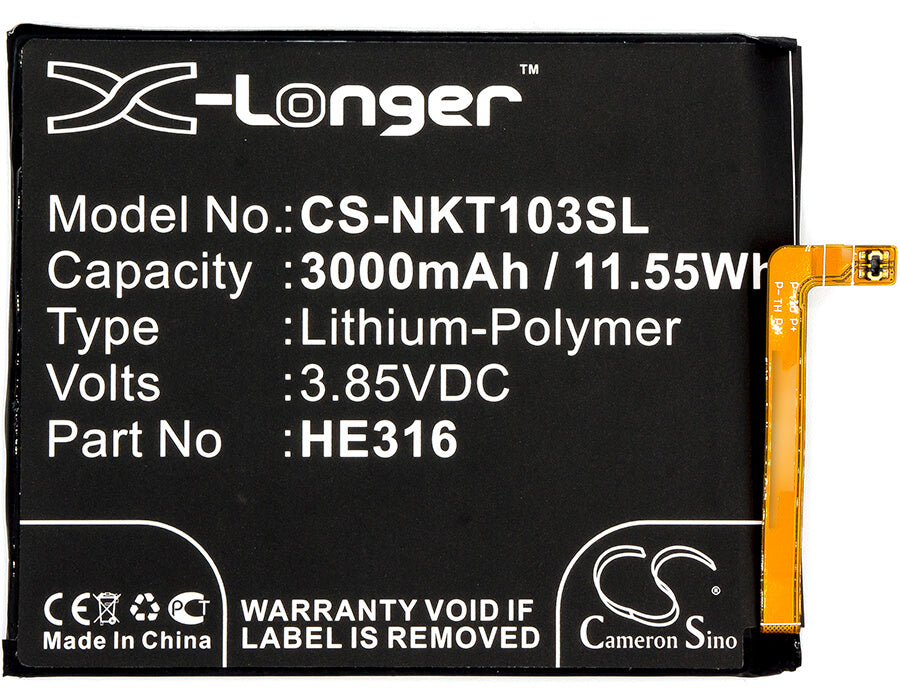 3.85V, 3000mAh, Li-Polymer Battery fits Nokia, 6, 6 Dual Sim, 11.55Wh
