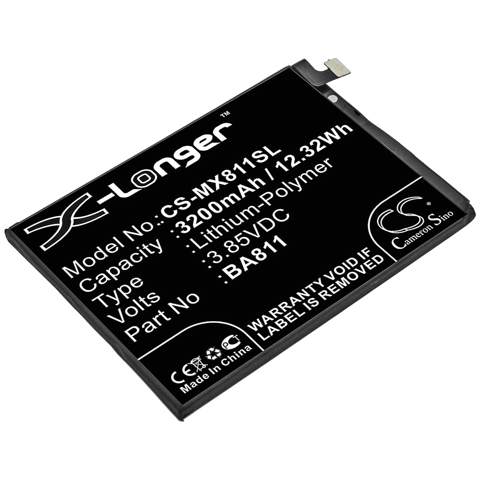 3.85V, 3200mAh, Li-Polymer Battery fits Meilan, 6t, 12.32Wh