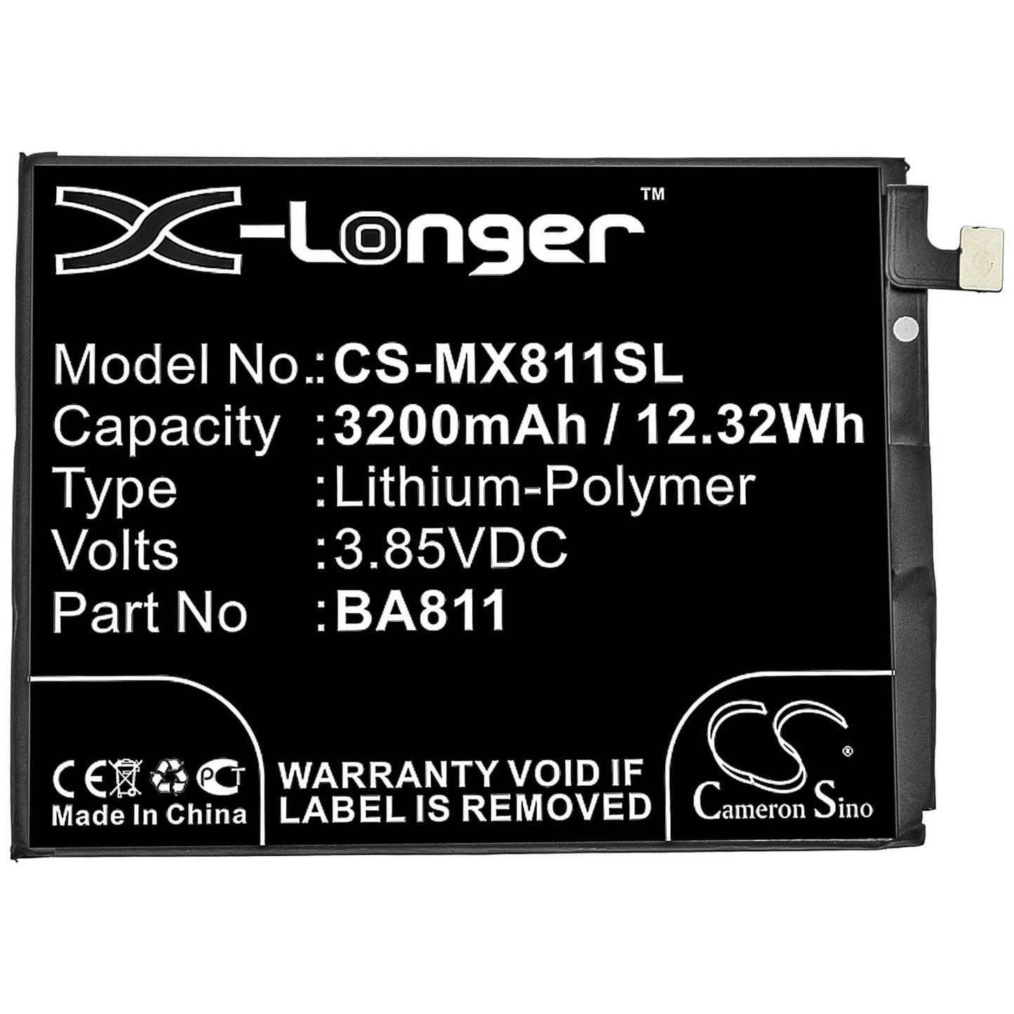 3.85V, 3200mAh, Li-Polymer Battery fits Meilan, 6t, 12.32Wh