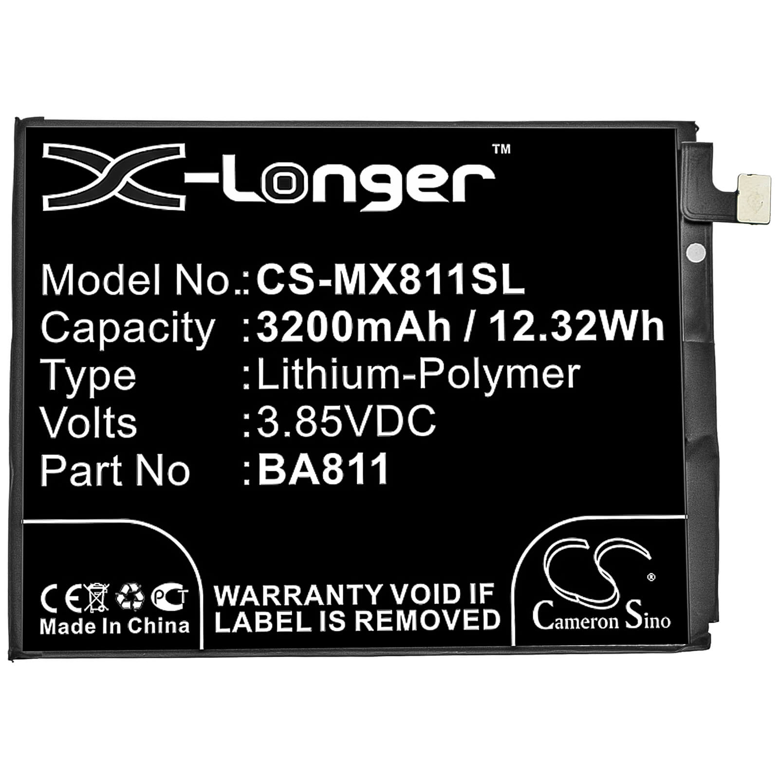 3.85V, 3200mAh, Li-Polymer Battery fits Meilan, 6t, 12.32Wh