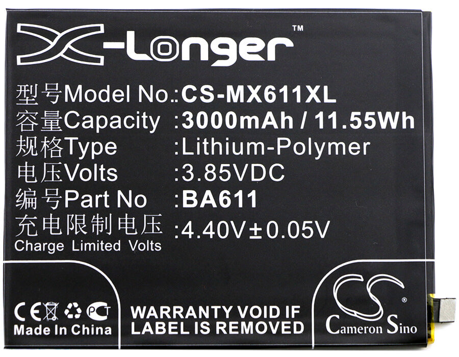 3.85V, 3000mAh, Li-Polymer Battery fits Meizu, M5, M5 Dual Sim, 11.55Wh